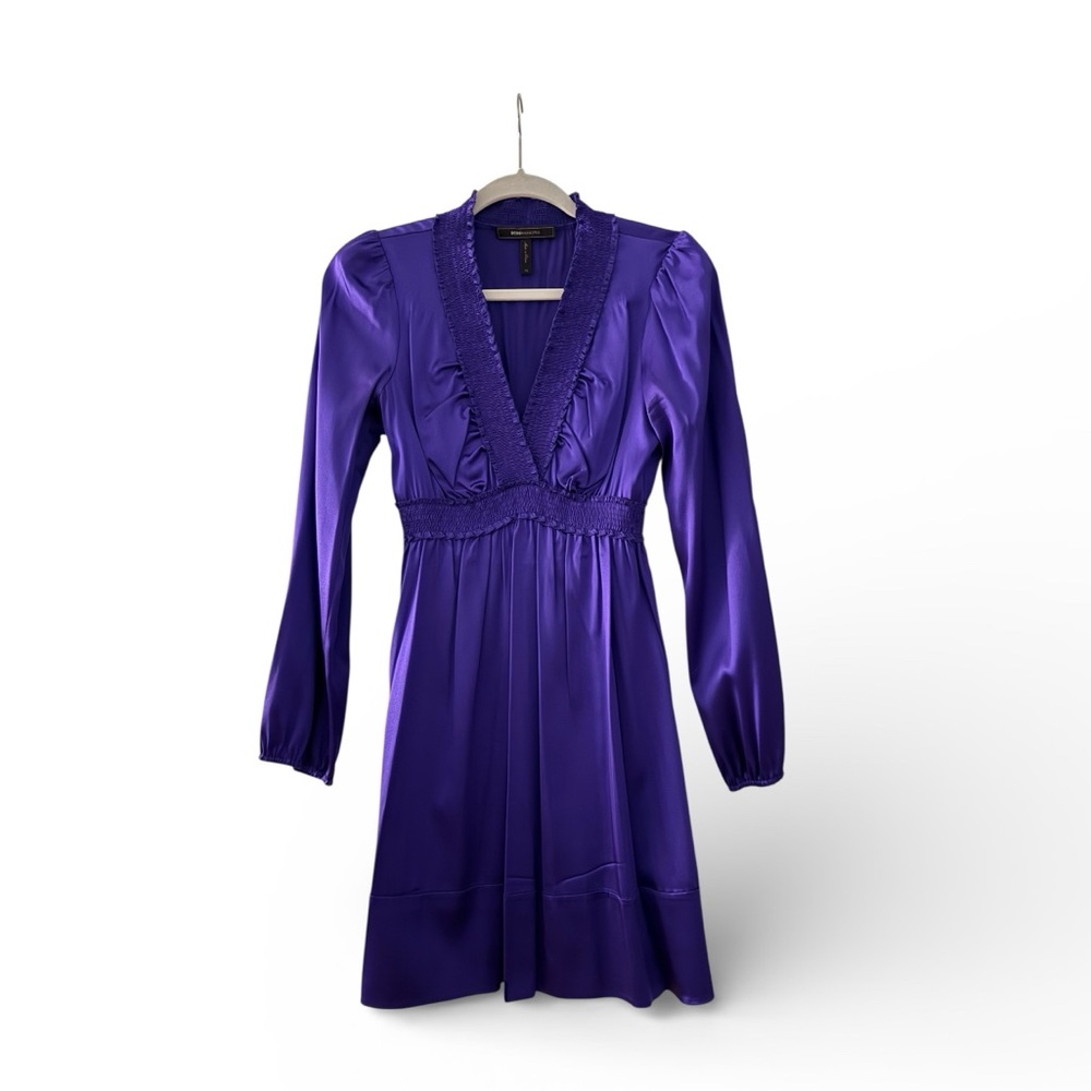 BCBGMAXAZRIA Purple Satin Mini Dress – Smocked Waist – XS